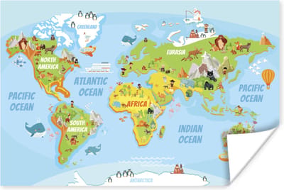 Wereldkaart - Kinderen - Dieren - 30x20 cm - Poster