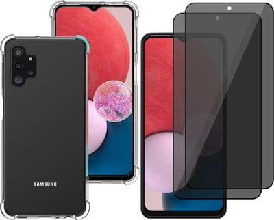 Hoesje geschikt voor Samsung Galaxy A13 4G - Anti Shock Proof Siliconen Back Cover Case Hoes Transparant - 2x Tempered Glass Privacy Screenprotector