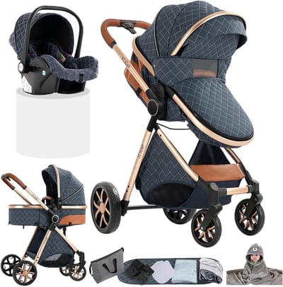 Kinderwagen Trio - Baby Reiswieg - Veilig Vervoer - Omkeerbare Duwstand - Grote Mand - Denim Blauw