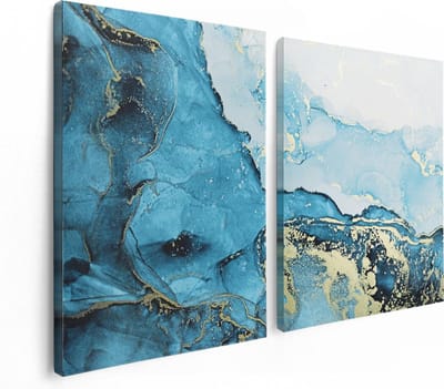 Artaza Canvas Schilderij Tweeluik Abstracte Kunst van Blauwe Marmer met Goud - 120x80 - Foto Op Canvas - Canvas Print