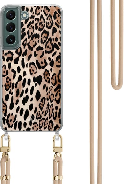 Casimoda® hoesje met beige koord - Geschikt voor Samsung S22 Plus - Luipaard print bruin - Afneembaar koord - TPU/polycarbonaat - Bruin/beige