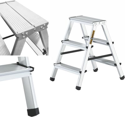 Aluminium Vouwladder 3 Treden - Dubbelzijdige Huisladder met Werkplatform - Capaciteit 125 kg