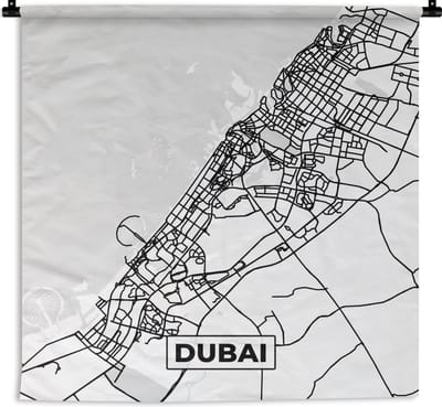 Wandkleed - Wanddoek - Kaart - Dubai - Zwart Wit - Stadskaart - Plattegrond - 180x180 cm - Wandtapijt