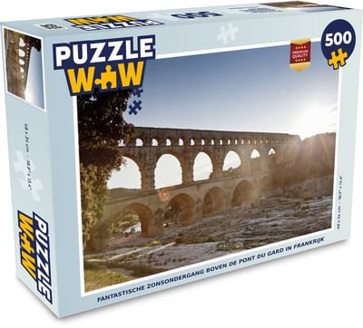 Puzzel Fantastische zonsondergang boven de Pont du Gard in Frankrijk - Legpuzzel - Puzzel 500 stukjes