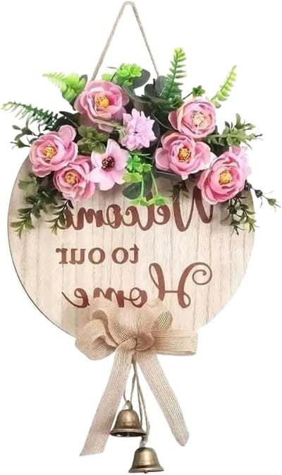 Voordeur Decoratie - Houten Welkom - Huis Verwelkomen - Met Bel - 31x30.7 cm - Houtkleur