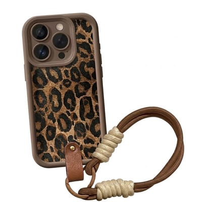 Bruin luipaard print telefoon hoesje met koord geschikt voor iPhone 16 Pro – backcover dames met panter dessin, afneembaar draagkoord en minimalistisch ontwerp