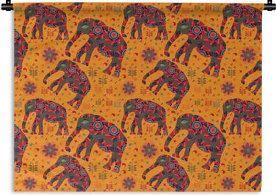 Wandkleed - Wanddoek - Olifant - Ornament - Bloemen - Patroon - 120x90 cm - Wandtapijt