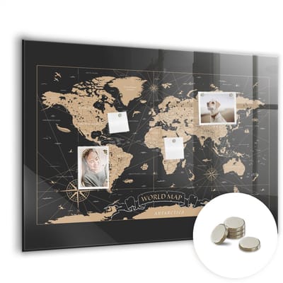 Tulup Glassboards - Vintage wereldkaart Magneetbord - 100 cm x 70 cm - Grijs Magneetbord Muur - Gratis 5 Sterke Magneten - Moderne Wanddecoratie - Magnetisch Bord - Memo Magneetbord - Notitiebord Werkplek - Magneetbord Keuken