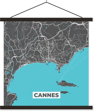 Posterhanger incl. Poster 60x60 cm - Schoolplaat - Stadskaart - Plattegrond - Cannes - Frankrijk - Kaart - Textielposter - Zwarte latten - Stadskaart