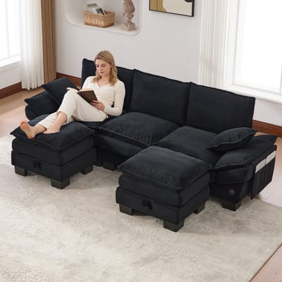 DESMIU Zitbank 260 x 132 cm - Modulaire 3 Zits Met 2 Hockers USB C En Zijvakken - Voor Woonkamer Kantoor Of Lounge - Corduroy - Zwart