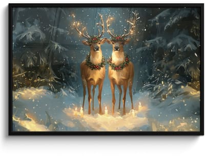 Poster in lijst - Fotolijst 120x80 cm - Posters - Dennensprookje - Rendier - Nacht - Posterlijst zwart - Decoratie - Wanddecoratie woonkamer - Muurdecoratie slaapkamer