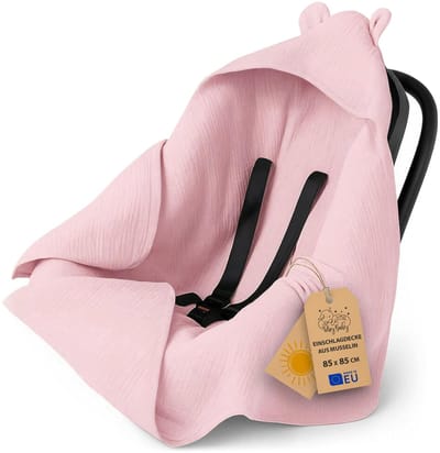 Mousseline babydeken – lichte ademende inbakerdeken autostoel met capuchon voor de zomer – temperatuurregulerend voor kinderwagen en pasgeborene 90×90 cm Poederroze Oeko-Tex