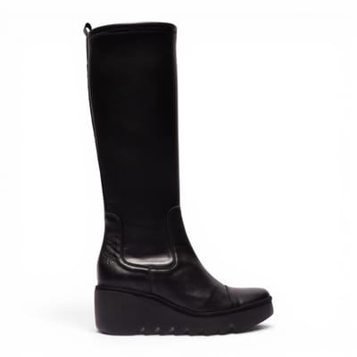 Fly London Dames Zwarte Leren Hoge Wighak Lange Laarzen - BUDI603