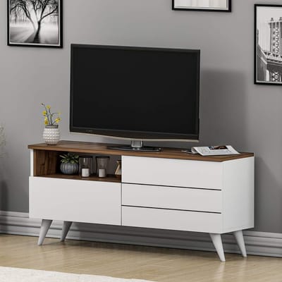 Stijlvolle TV Bank in Wit en Walnoot - Modern Lowboard voor Televisie en Woonkamerinrichting