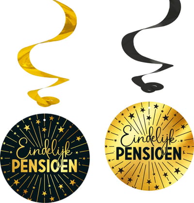 4x Swirls 'Pensioen' jaar zwart / goud - Golden Celebrations - Verjaardag Feestje Hangdecoratie Versiering Feestdecoratie Decoratie