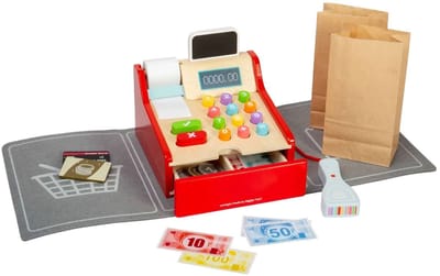 Bigjigs houten kassa speelgoedwinkel met scanner en accessoires.