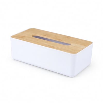 Bambou & Co Tissuebox - Luxe Zakdoekjeshouder - wit - kunststof met bamboe deksel - 26 x 13 x 8,5 cm