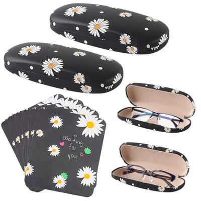 Dailygoods - 2 stuks madeliefjes brillenkoker hardcase, zwart met 6 brillenpoetsdoeken, draagbare zonnebrillen etui, modieuze brillenkoker voor het opbergen van brillen, dames en heren