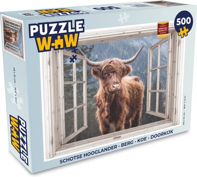 Puzzel Schotse hooglander - Berg - Koe - Doorkijk - Legpuzzel - Puzzel 500 stukjes