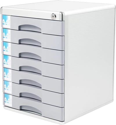 Bureau-organizerlade – Voor het opbergen van documenten, visitekaartjes en kantoorpapier – 7-laags documentenopbergdoos met sleutelslot – 30,0 × 35,5 × 40,5 cm – zwart, grijs en wit – kunststof