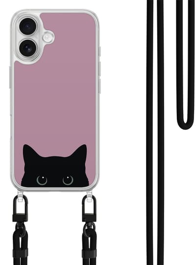Hoesje met koord geschikt voor iPhone 16 - Zwarte kat - Inclusief zwart koord - Crossbody beschermhoes - Transparant, Roze - Mooie Telefoonhoesjes