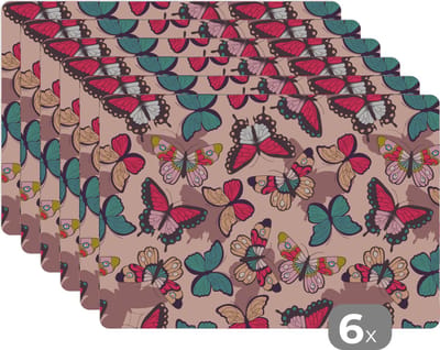 Placemat - Placemats kunststof - Vlinder - Roze - Blauw - Design - 45x30 cm - 6 stuks - Hittebestendig - Anti-Slip - Onderlegger - Afneembaar