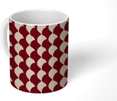 Mok - Koffiemok - Rood - Tegelpatroon - Crème - Mokken - 350 ML - Beker - Koffiemokken - Theemok