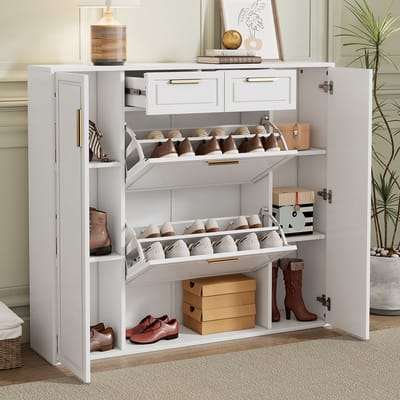 Pugsdrly Moderne Schoenenkast met Verstelbare Planken Gouden Handgrepen 2 Lades Schoenenkast met Klep en 2 Deuren Wit B120/D24/H107 cm