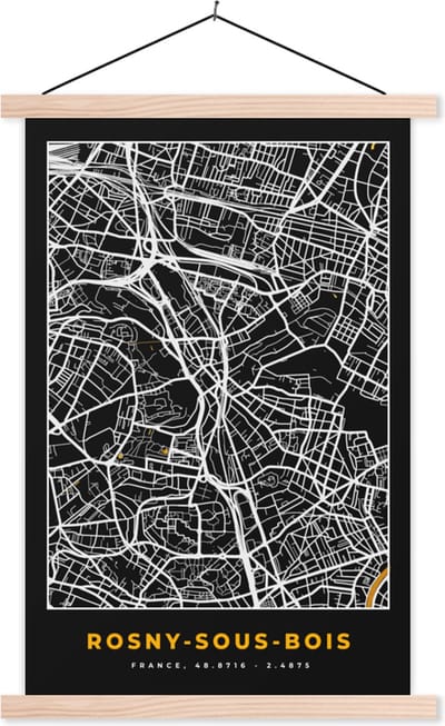 Posterhanger incl. Poster 40x60 cm - Schoolplaat - Kaart - Stadskaart - Plattegrond - Rosny-sous-Bois - Frankrijk - Textielposter - Blanke latten - Stadskaart