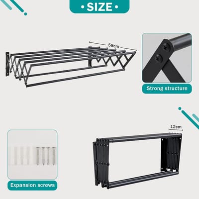 Famanu - Opvouwbare kledingluchter, wandmontage, kledingrek, intrekbare handdoekhouder, badkamer handdoekenrek, droogrek voor binnen, opvouwbaar, sterk metaal (zwart, L)