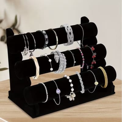Fluwelen Sieradenhouder – 3 Niveaus – Horloge- en Armbanddisplay – Sieraden Organizer – Zwart – 30 cm Breed