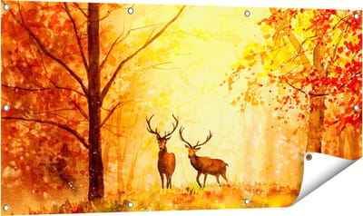 Gards Tuinposter Getekende Herten in het Bos - Herfst - 120x60 cm - Tuindoek - Tuindecoratie - Wanddecoratie buiten - Tuinschilderij