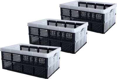Inklapbare boodschappenkrat - Set van 3x stuks - opbergkrat - zwart / wit - 48 x 35 x 24 cm - vouwkrat