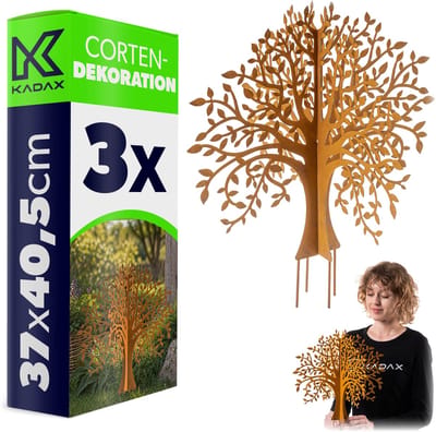 KADAX tuinpinnen in de vorm van een boom van cortenstaal, 3 stuks, tuinversiering van patineerend staal om in de grond te steken, metalen pinnen met roestlook voor in de tuin, weerbestendige metalen decoratie, roestpinnen