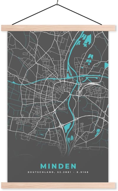 Posterhanger incl. Poster 40x60 cm - Schoolplaat - Stadskaart – Kaart – Minden – Blauw – Duitsland – Plattegrond - Textielposter - Blanke latten - Stadskaart