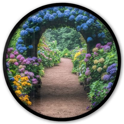 Poster in lijst Rond - Fotolijst 40x40 cm - Posters - Doorkijk - Bloemen - Hortensia - Pad - Ronde posterlijst zwart - Decoratie - Wanddecoratie woonkamer - Muurdecoratie slaapkamer