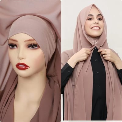 Hijab Châle Wrap Instantané Premium en Mousseline Avec Aimants Intégrés Couleur Unie Foulard Écharpe Musulmane pour Femmes Avec Sous-Turban white