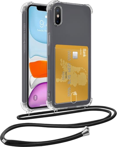 Hoesje Geschikt voor iPhone Xs Max Hoesje Met Telefoonkoord en Pasjeshouder Siliconen - Hoes Geschikt voor iPhone Xs Max Hoesje Met Kaarthouder Shock Proof Case - Transparant