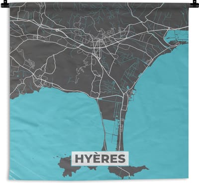 Wandkleed - Wanddoek - Plattegrond – Kaart – Stadskaart – Frankrijk – Hyères - 180x180 cm - Wandtapijt