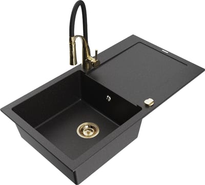 Mexen Leo granieten spoelbak 1-compartiment met afdruiprek en keukenkraan Aster, zwart/zilver metallic - 6501-73-73450-57-G