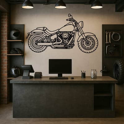 Harley-Davidson Fat Boy Wanddecoratie Hout – Cruiser Motor Muurdecoratie – Lasergesneden Design – Stoer Cadeau voor Harley Liefhebber – Mancave & Garage Decoratie – 75 cm Breed