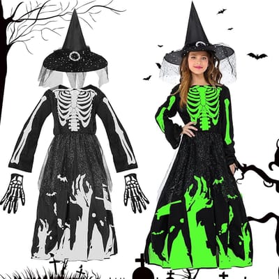 Halloween Kostuum voor Meisjes met Heksenhoed en Skeletontwerp - Perfect voor Feestjes en Verkleedpartijen