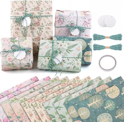 10 Vellen Vintage Bloem Cadeaupapier Set met Touw en Hangers