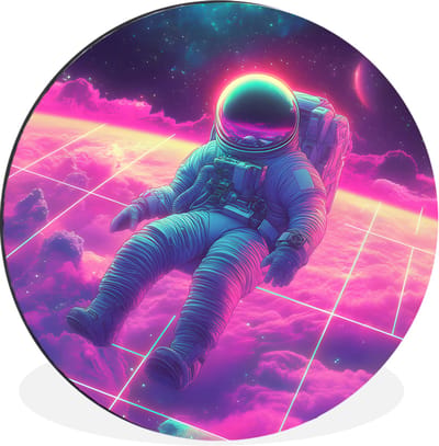 WallCircle - Wandcirkel - Muurcirkel - Astronaut - Neon - Roze - Wolken - Aluminium - Dibond - 30x30 cm - Binnen en Buiten