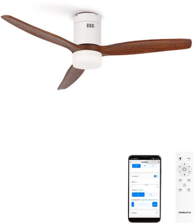 CREATE - Plafondventilator silent 100% hout 40W (Ø112cm) - Met licht LED - WIFI + Afstandsbediening - 6 snelheden - Programmeerbaar - WIND CALM NATURAL WOOD