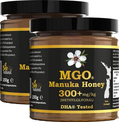 Bee Natural MGO 300+ Manuka Honing in een milieuvriendelijke echt glazen pot van ongekleurd glas * 2x 250G Premium Monoflorale ManukaHoning uit Nieuw-Zeeland # T.h.t. 01-03-2027 # MGO 182 = UMF 8, 250 = UMF 9, 300 = UMF 10, 310 = UMF 11, 400 = UMF 12