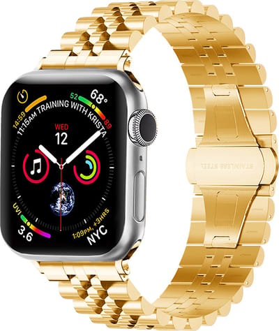 Strap-it Jubilee stalen schakel band - Geschikt voor Apple Watch bandje - Series 1/2/3/4/5/6/7/8/9/10/11/SE/SE2/SE3 - Goud - Staal/metalen luxe band met vlindersluiting - RVS iWatch bandje voor maat: 38 / 40 / 41 / 42mm