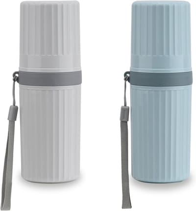 QTTVBTNA -2-delige Reissetui voor Tandenborstels – Waterdichte & Draagbare Tandenborstelhouder voor Reizen, Camping, School & Zakelijke Trips – Inclusief Tandpasta Compartment (Grijs + Blauw)