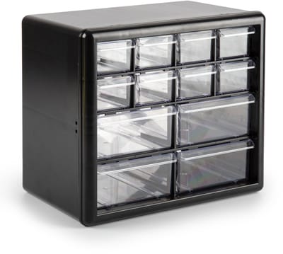 Plasticforte Sorteerbakjes spijkers/schroeven - 12x lades - 26 x 16 x 23 cm - opbergkastjes - ophangbaar - zwart/transparant