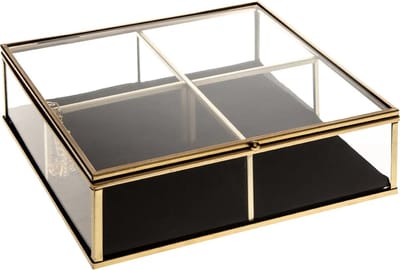 Atmosphera Sieradenkistje Victoria - 20 x 20 x 6 cm - transparant/goud/zwart fluweel - Juwelenkistje met deksel - vakjes indeling - Luxe cadeau